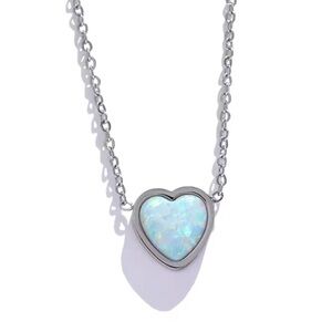 18K White Gold White Fire Opal Heart Natural Gemstone Minimalist Necklace Dainty